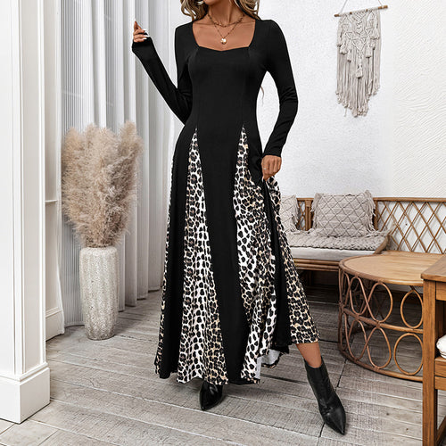 Damen Maxikleid mit kontrastierenden Ärmeln und modischem Tiermuster Drune