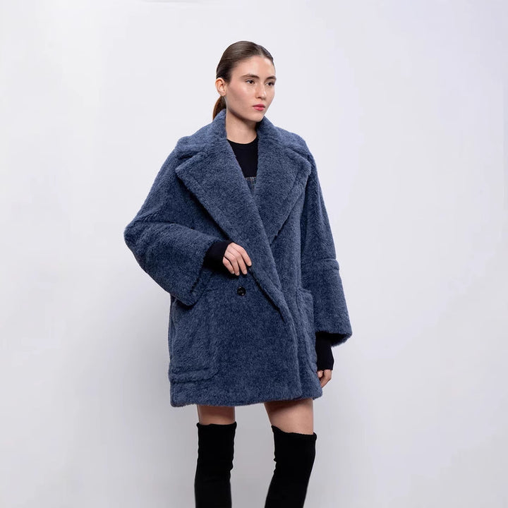 Damen kuscheliger Mantel mit breitem Revers und aufgesetzten Taschen Drune