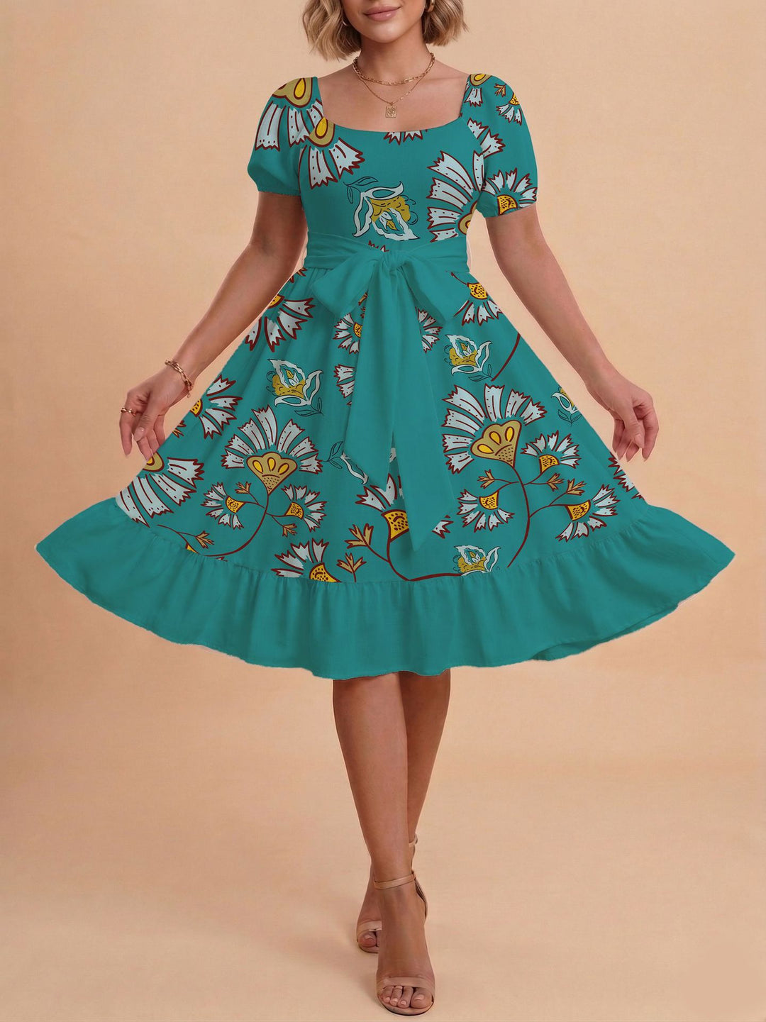 Damen Retro Maxikleid mit Puffärmeln und Taillengürtel Drune