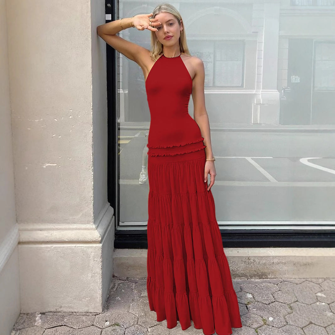 Damen Elegantes Spaghetti-Träger Maxikleid mit Rüschendetails Drune