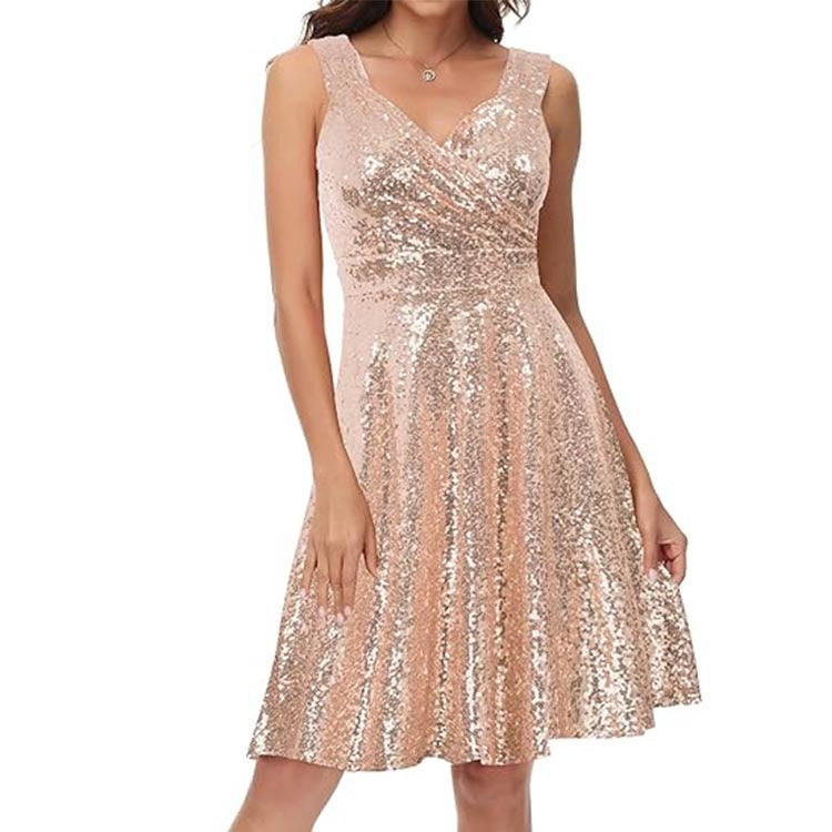 Damen Glitzerndes Cocktailkleid mit schwingendem Rock und V-Ausschnitt Drune