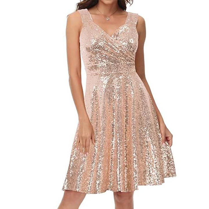 Damen Glitzerndes Cocktailkleid mit schwingendem Rock und V-Ausschnitt Drune