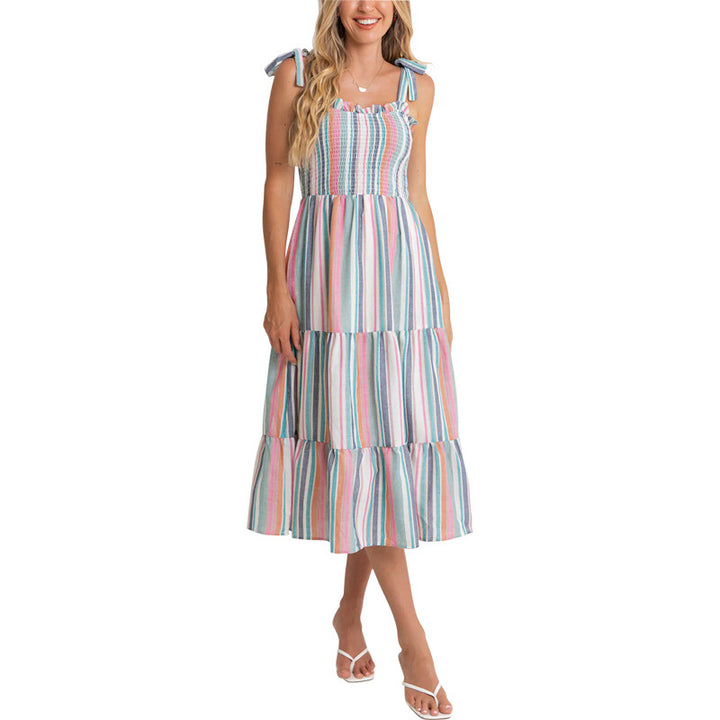 Damen lässiges Sommerkleid mit Rüschendetails und buntem Streifenmuster Drune