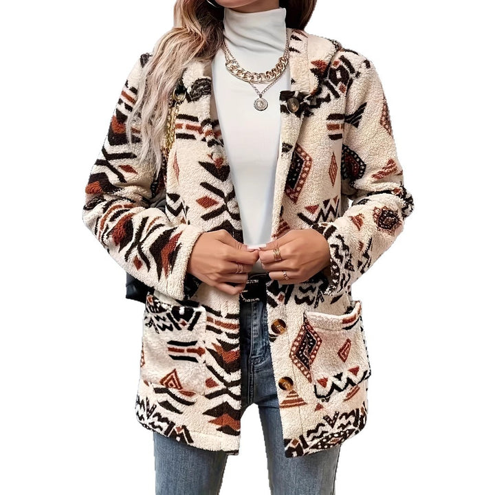 Damen Plüschjacke mit ethnischem Muster und praktischen Taschen Drune