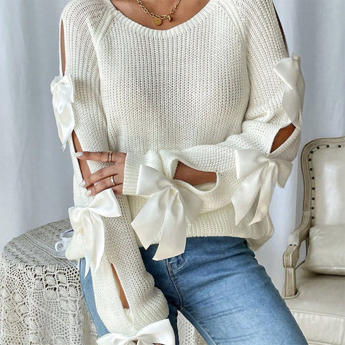 Damen Strickpullover mit dekorativen Schleifendetails und offener Armgestaltung Drune