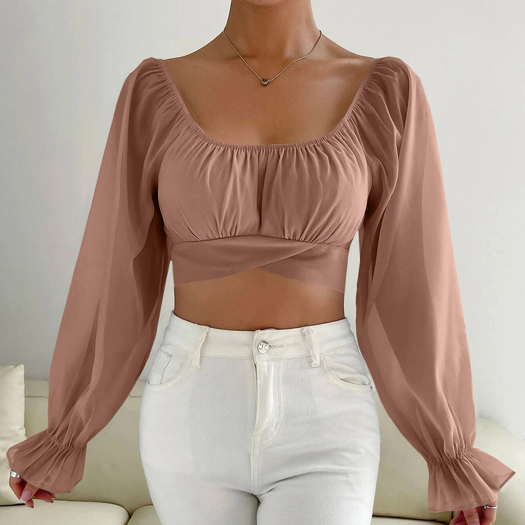 Damen Cropped Bluse mit Puffärmeln und raffiniertem Schnitt Drune