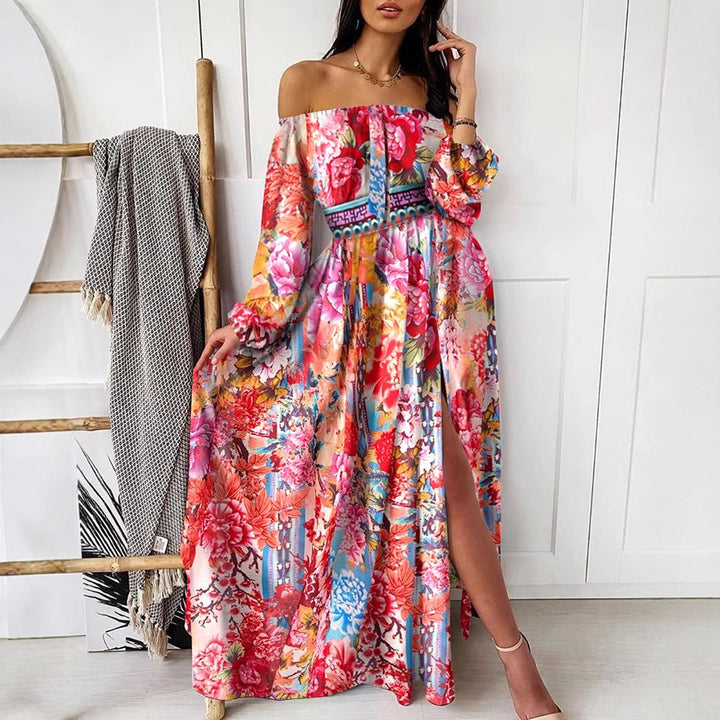 Damen Maxikleid mit schulterfreiem Design und elegantem Print Drune