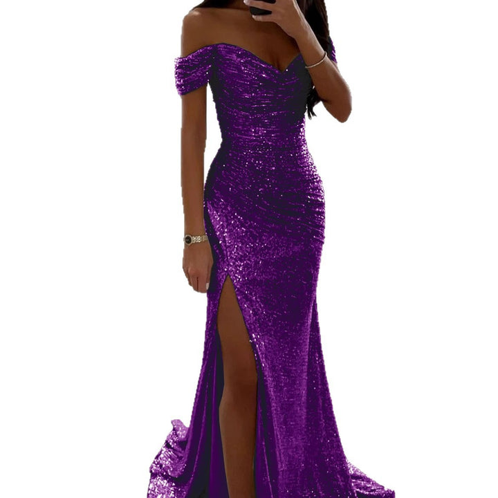Damen Glitzerndes Off-Shoulder Abendkleid mit seitlichem Schlitz Drune
