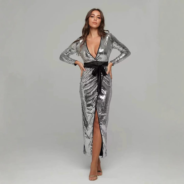 Damen Glitzerndes Abendkleid mit schickem tiefem V-Ausschnitt und eleganter Schärpe Drune