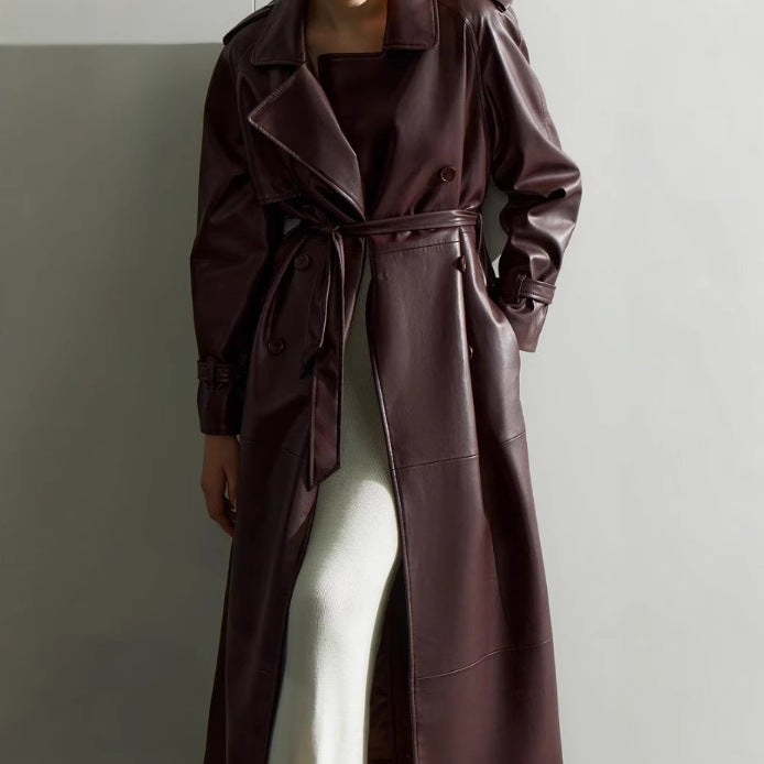 Damen Trenchcoat aus hochwertigem Kunstleder mit taillierbarem Gürtel Drune