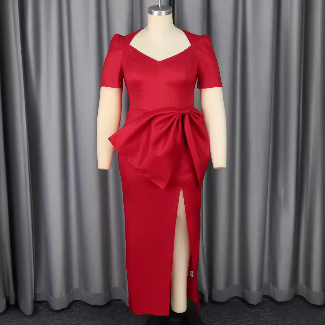 Damen Elegantes Abendkleid mit dekorativem Schleifen-Akzent und hohem Schlitz Drune