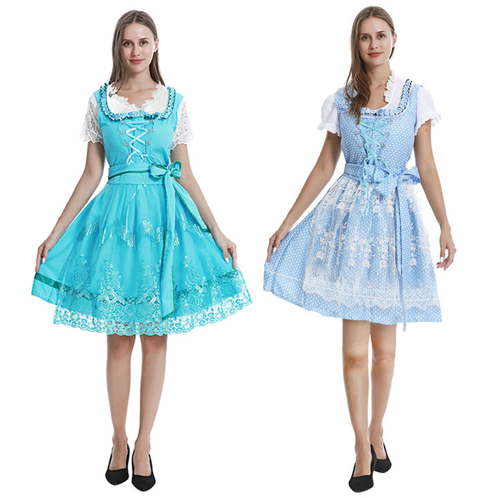 Damen nan romantisches Alpenkleid mit geschnürtem Mieder, Spitzeneinsatz und Taillenschärpe Drune