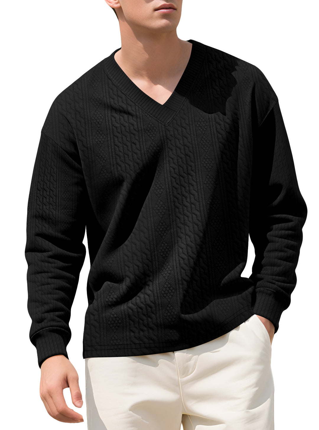 Herren nan strukturierter V-Ausschnitt Strickpullover mit Kabel- und Wabenmuster Drune