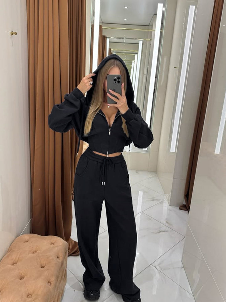 Damen nan kurzes Zip-Hoodie-Set mit Ballonärmeln und Highwaist Weitbein-Loungehose Drune