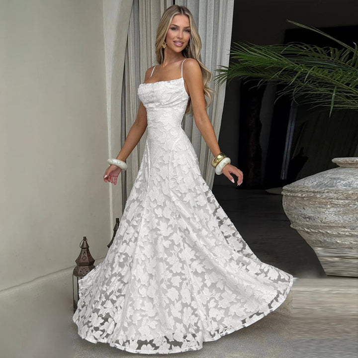 Damen elegantes Maxikleid mit zartem floralem Muster und Spaghetti-Trägern Drune