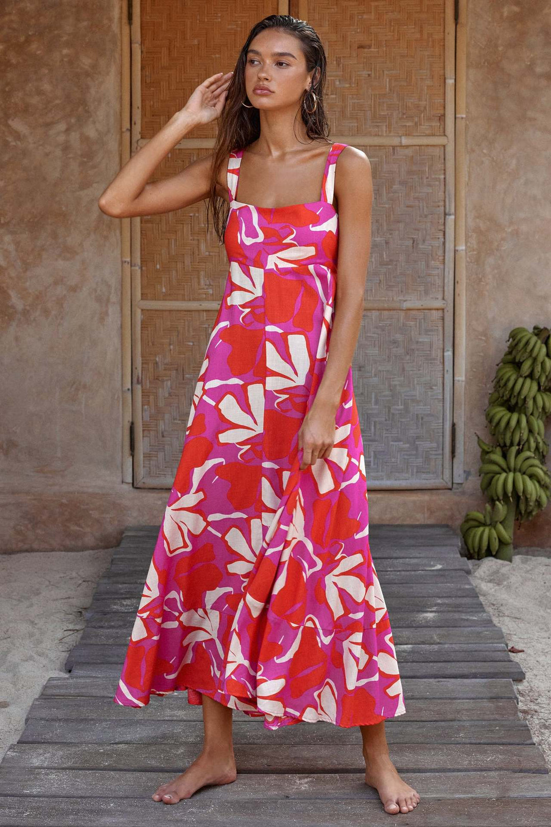 Damen Maxikleid mit lebhaftem floralem Design und schwingendem Rock Drune