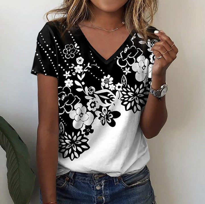 Damen T-Shirt mit floralem Muster und elegantem V-Ausschnitt Drune