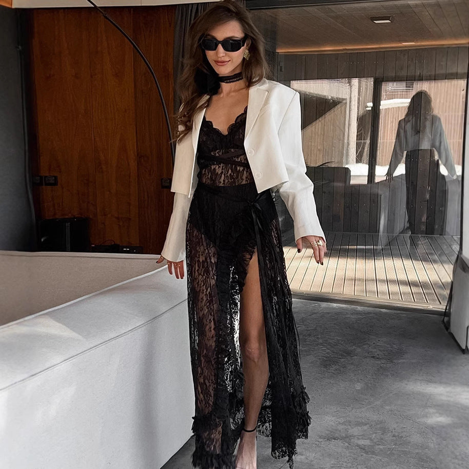 Damen Spitzenkimono mit offener Front und Rüschendetails Drune