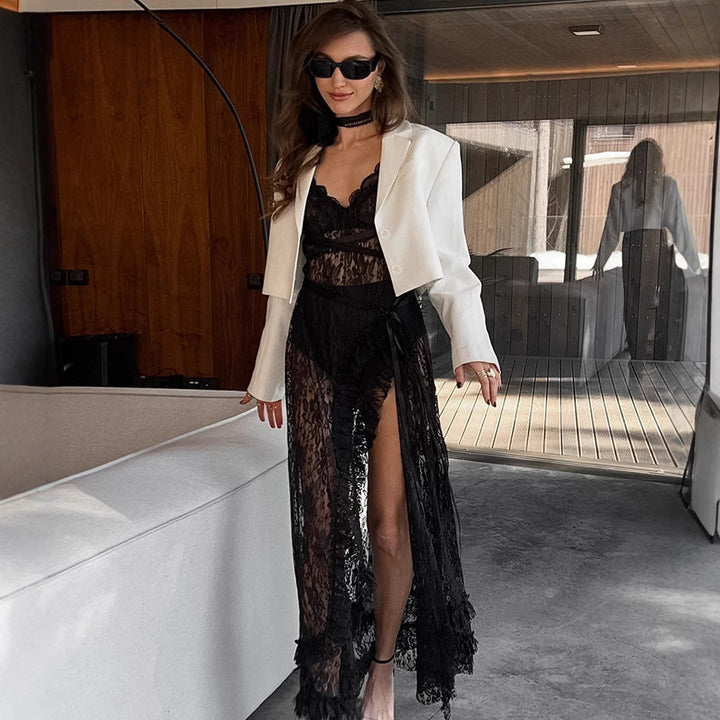 Damen Spitzenkimono mit offener Front und Rüschendetails Drune