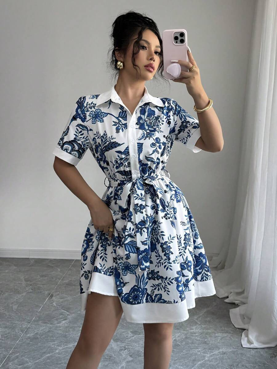 Damen Blusenkleid mit floralem Design und Taillengürtel Drune