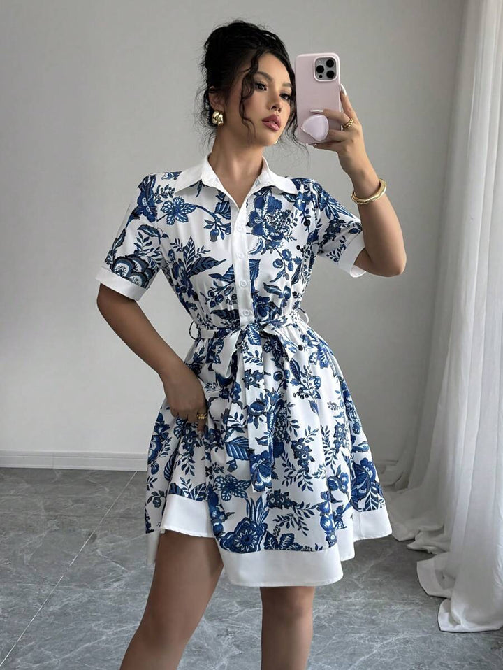 Damen Blusenkleid mit floralem Design und Taillengürtel Drune