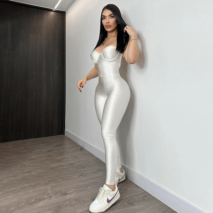 Damen Figurbetonter Jumpsuit mit Bügelfalten und trägerlosem Design Drune