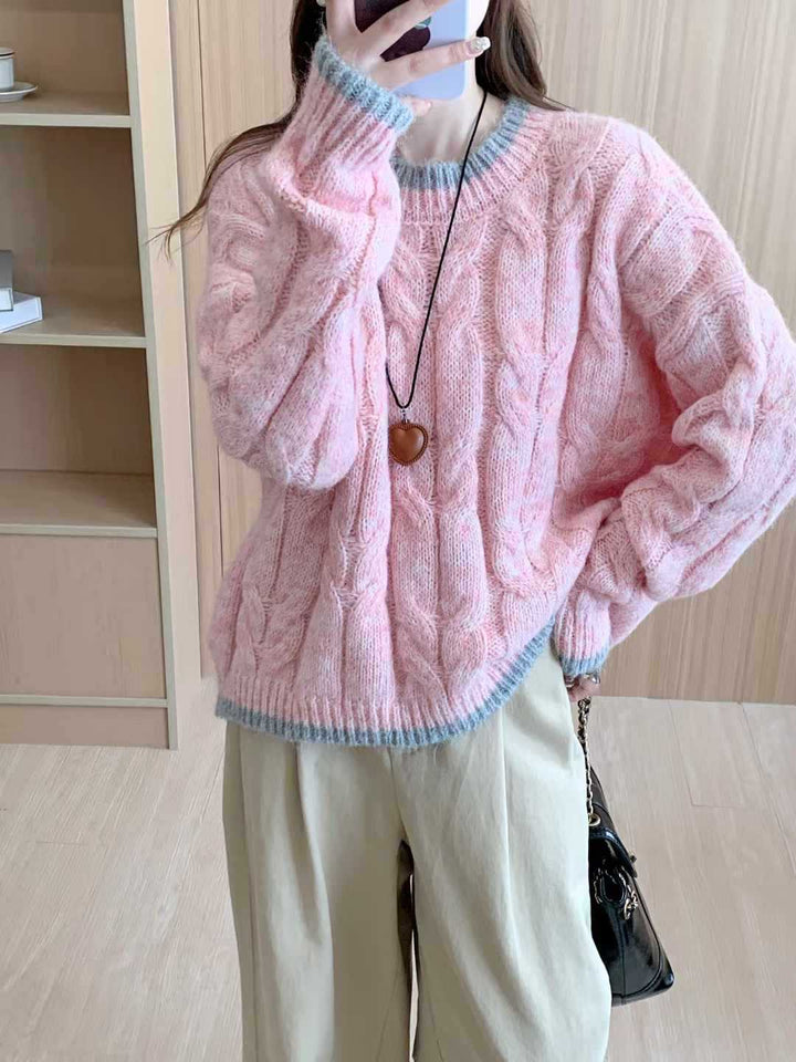 Damen Grob gestrickter Pullover mit Zopfmuster und Rundhalsausschnitt Drune