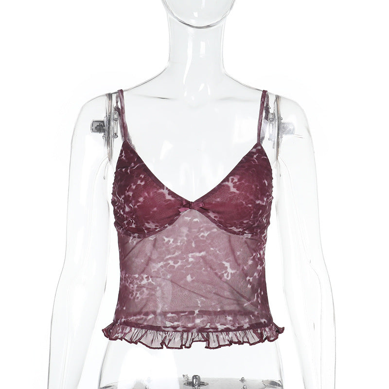 Damen Spaghetti-Träger-Top mit transparentem Obermaterial und Rüschendetail Drune