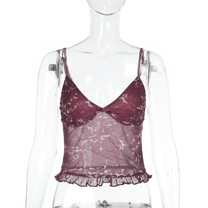 Damen Spaghetti-Träger-Top mit transparentem Obermaterial und Rüschendetail Drune