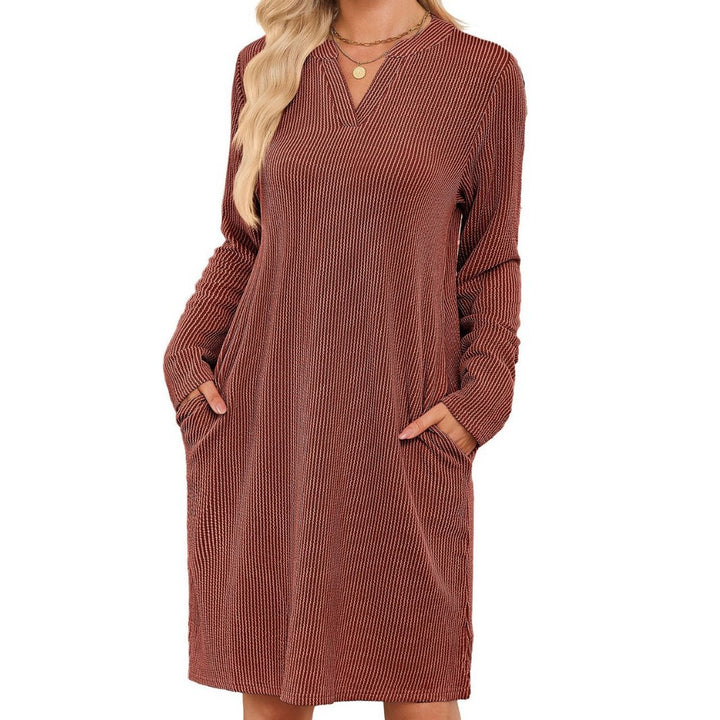 Damen lässiges Langarmkleid mit Knopfleiste und Taschen Drune
