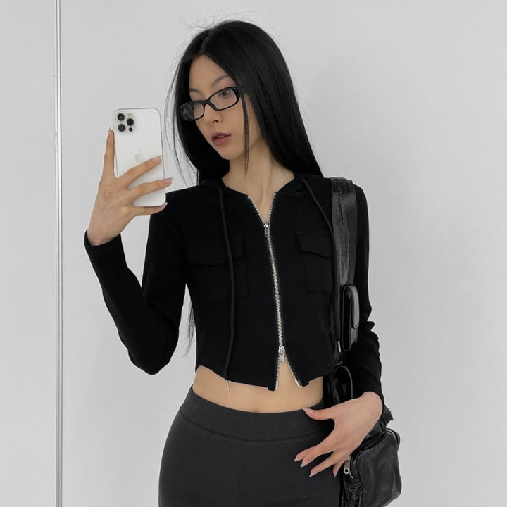 Damen cropped Freizeitjacke mit Reißverschluss und Kapuze Drune