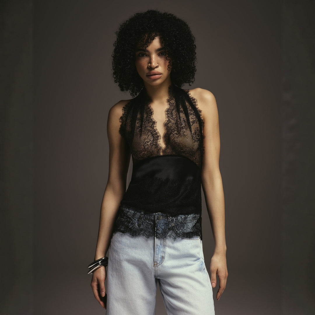 Damen Elegantes Oberteil mit Spitzendetails und tiefem V-Ausschnitt Drune