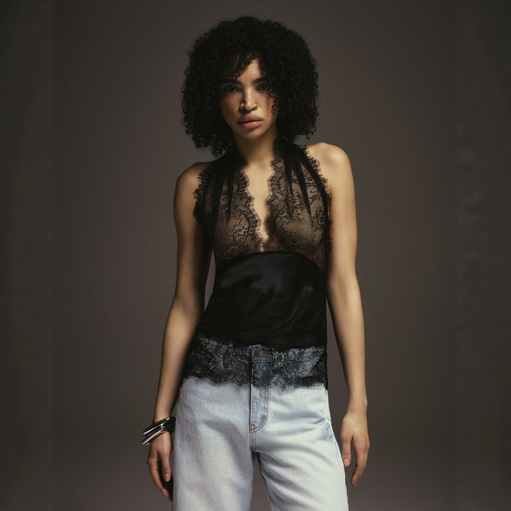Damen Elegantes Oberteil mit Spitzendetails und tiefem V-Ausschnitt Drune