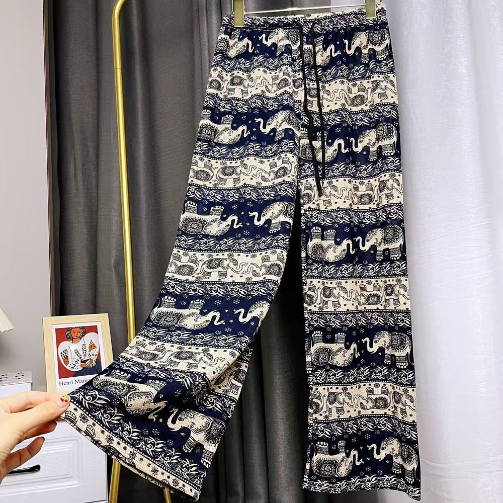 Damen Lässige Palazzo-Hose mit Elefantenmuster und elastischem Bund Drune