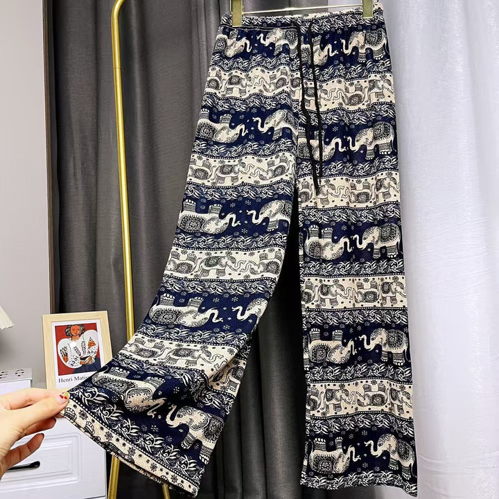 Damen Lässige Palazzo-Hose mit Elefantenmuster und elastischem Bund Drune