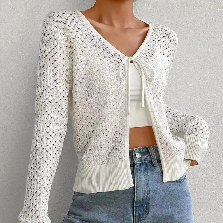 Damen Strickjacke mit tiefer V-Öffnung und zartem Lochmuster Drune