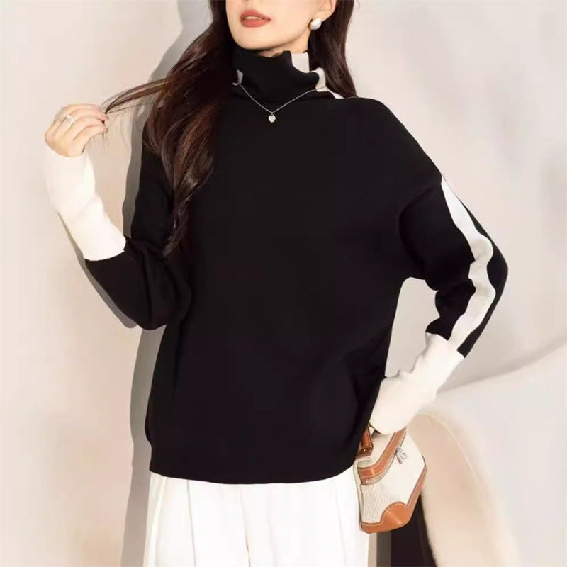 Damen Oversized Pullover mit modernem Rollkragen und kontrastierenden Ärmelakzenten Drune