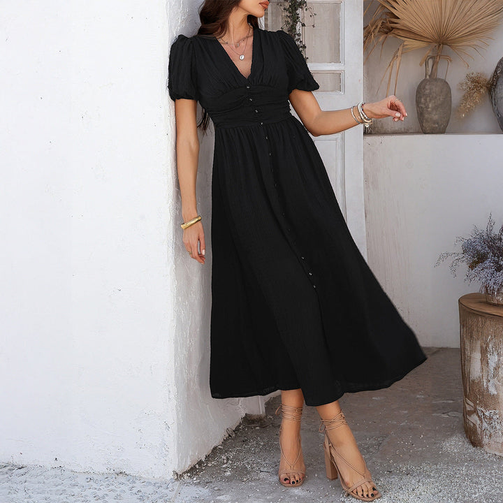 Damen Maxikleid mit V-Ausschnitt und luftigen Puffärmeln Drune