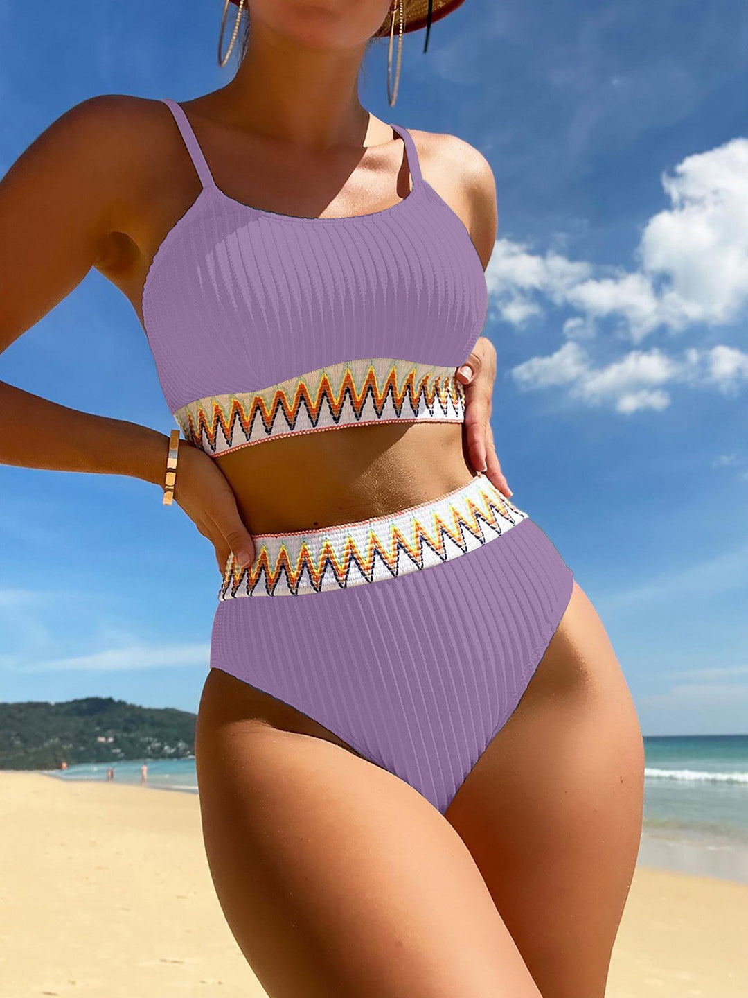 Damen Hochtailliertes Bikini-Set mit modischem Rippdesign und buntem Akzent Drune