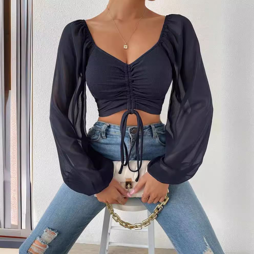 Damen Crop-Top mit strukturiertem Körper und eleganten Puffärmeln Drune