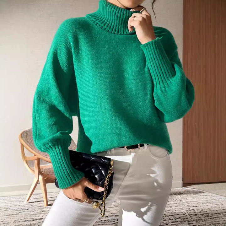Damen lässiger Rollkragenpullover mit voluminösen Ärmeln und feinem Strickmuster Drune