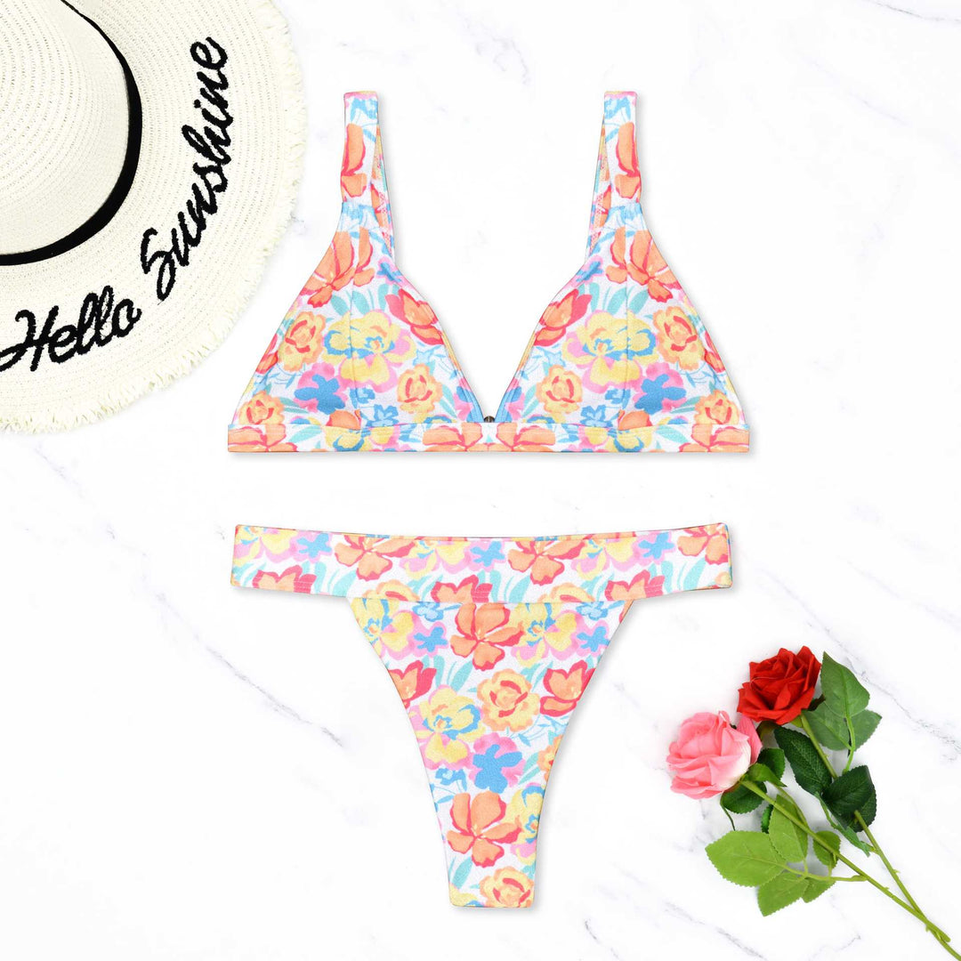 Damen Triangel-Bikini mit floralem Muster und verstellbaren Trägern Drune