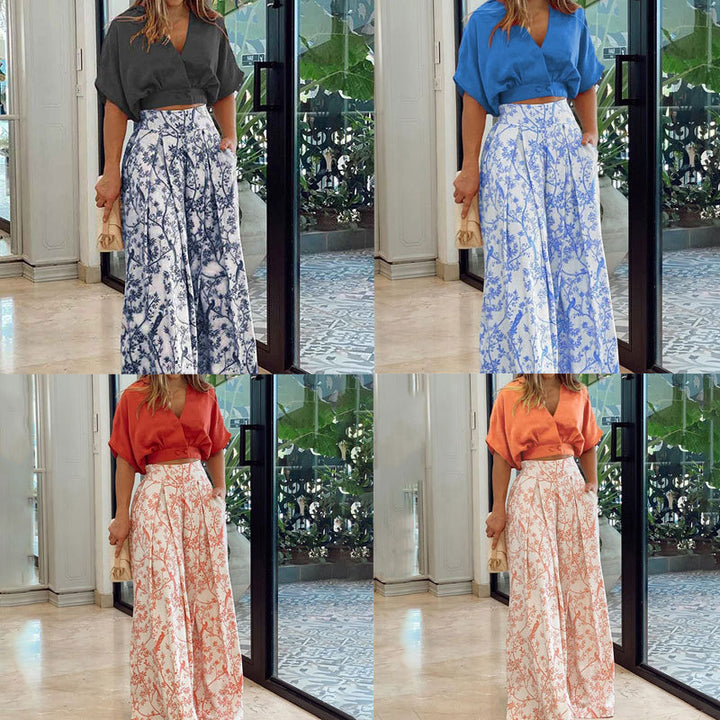 Damen Crop-Top Kombi-Anzug mit weitem Rock und floralem Muster Drune