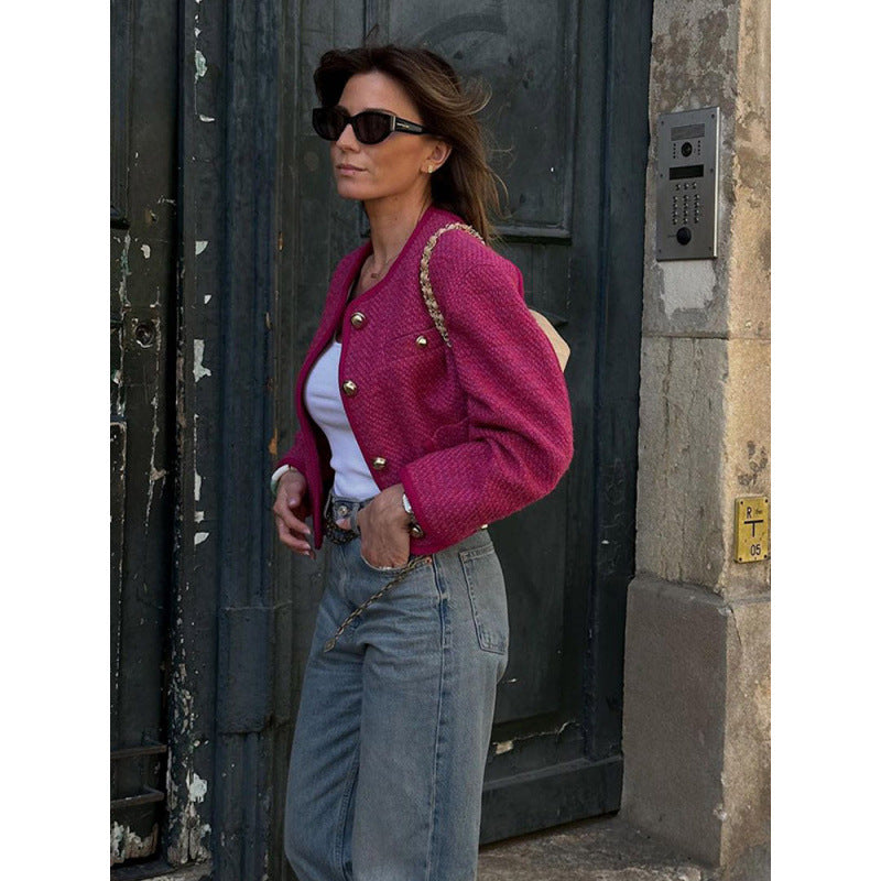 Damen Modische Blazerjacke mit eleganten Knöpfen und Taschen Drune