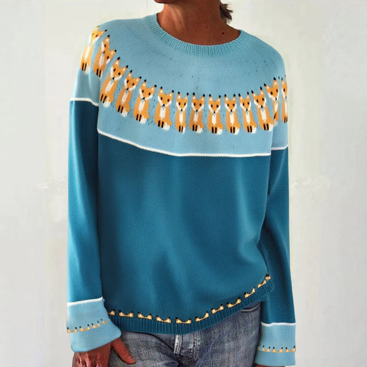 Damen nan melierter Rundhalsausschnittpullover mit kreisförmigem Jacquard-Yoke und geripptem Saum Drune