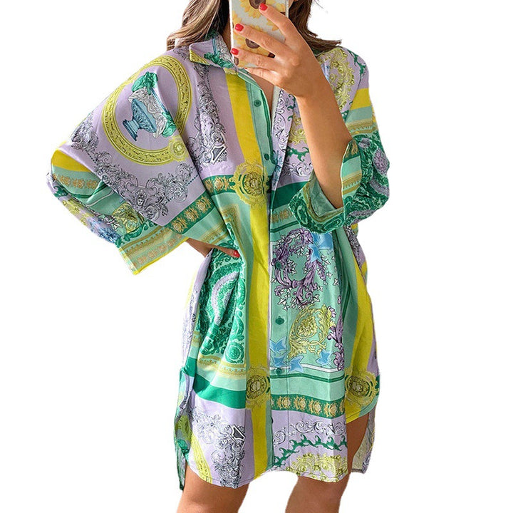 Damen stylisches Oversized-Hemdkleid mit buntem Muster und weit geschnittenen Ärmeln Drune