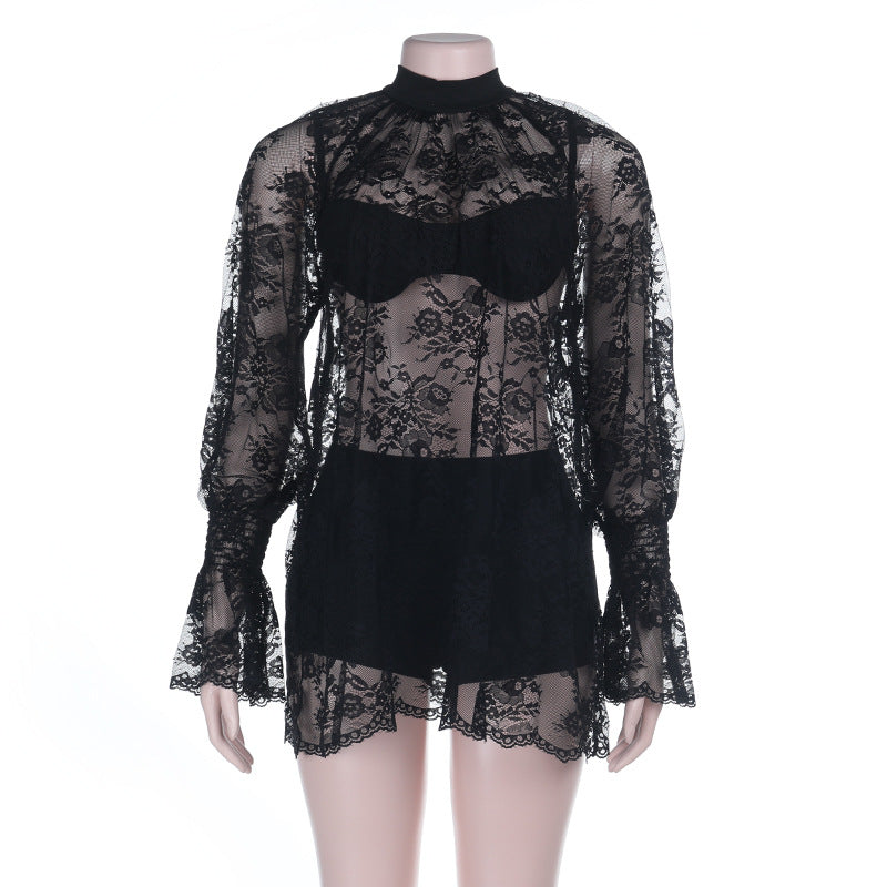 Damen Spitzenbodysuit mit elegantem Stehkragen und voluminösen Ärmeln Drune
