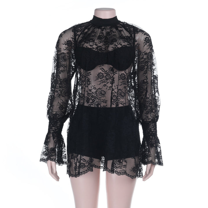 Damen Spitzenbodysuit mit elegantem Stehkragen und voluminösen Ärmeln Drune