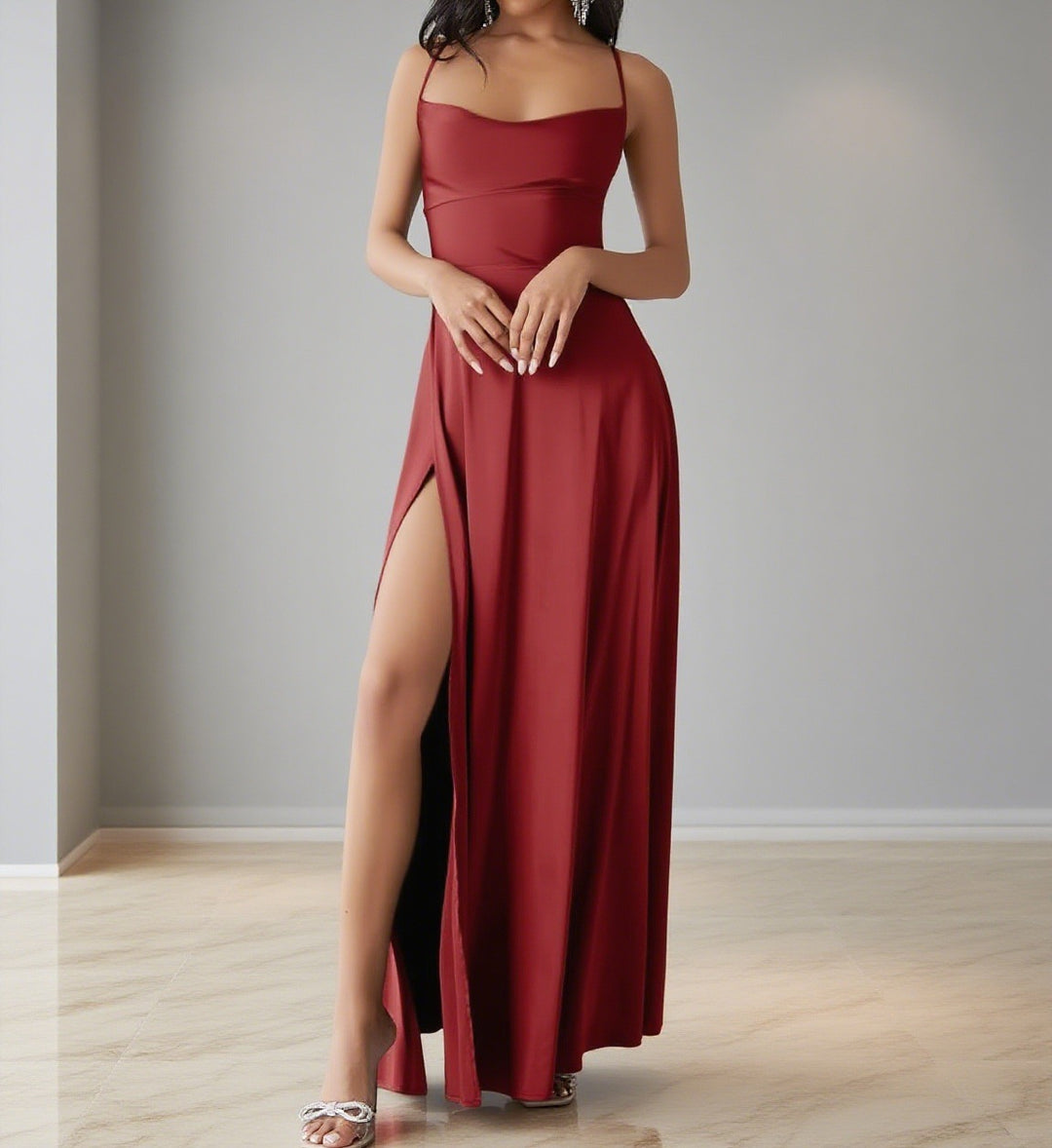 Damen Elegantes Maxikleid mit seitlichem Schlitz und zarten Trägern Drune