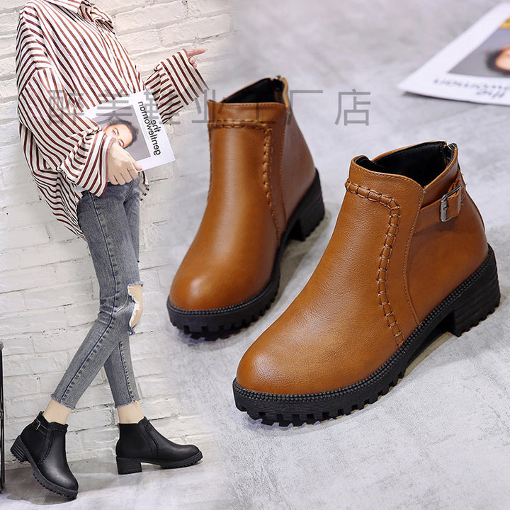 Damen nan klassische knöchelhohe Ankle-Boots aus synthetischem Leder mit robuster Profilsohle und Ziergurt Drune